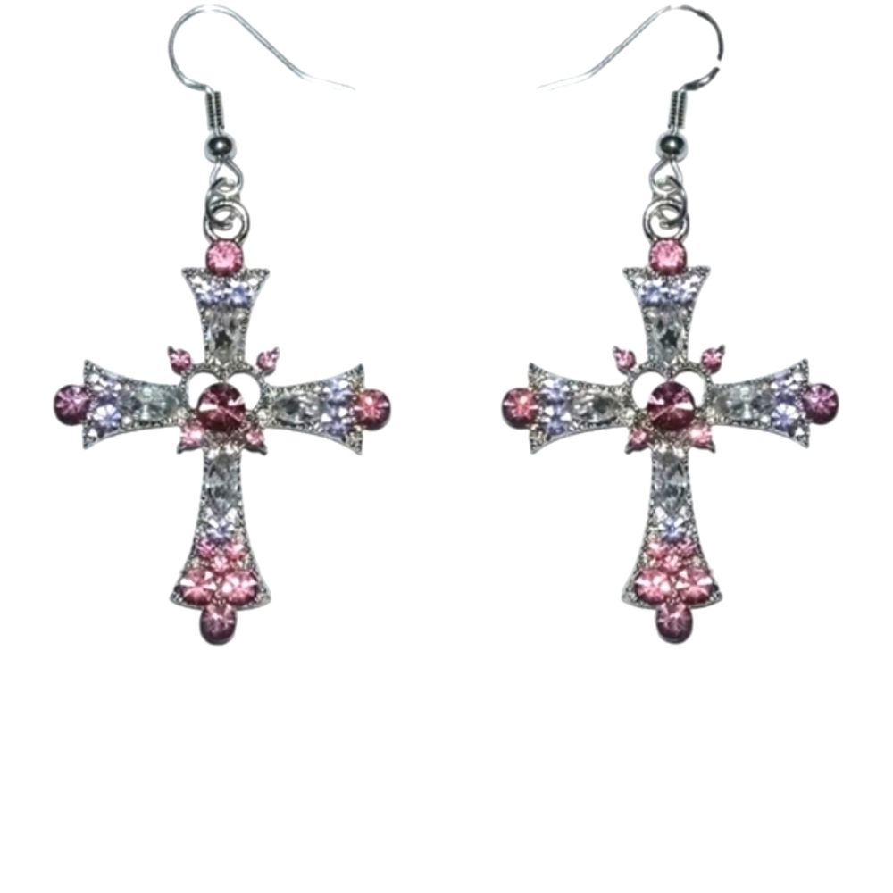 NEW Pink & Clear Rhinestones Cross dangle earrings